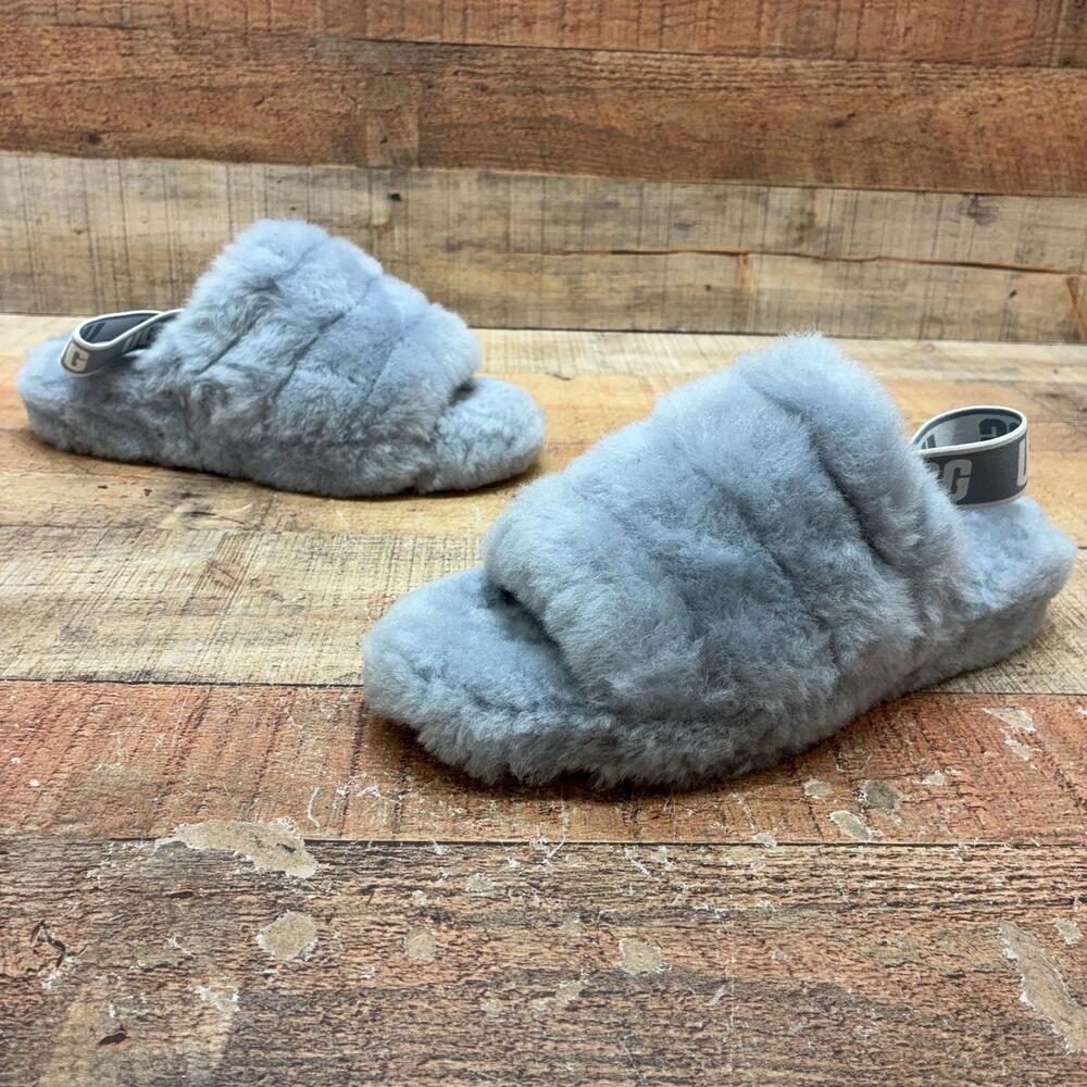UGG Fluff Yeah Slide Slippers Womens Size 8 39 Gray Shearling Logo Comfort Shoes